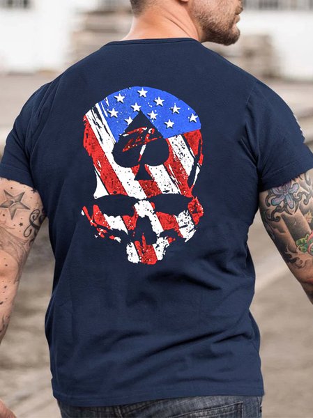 

Casual American Flag Skull Print Crew Neck T-Shirt, Purplish blue, T-shirts