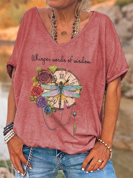 

Oversized Whisper Words Of Wisdom Print Dragonfly And Flowers Graphic Tees, Dark pink, Tees & T-shirts