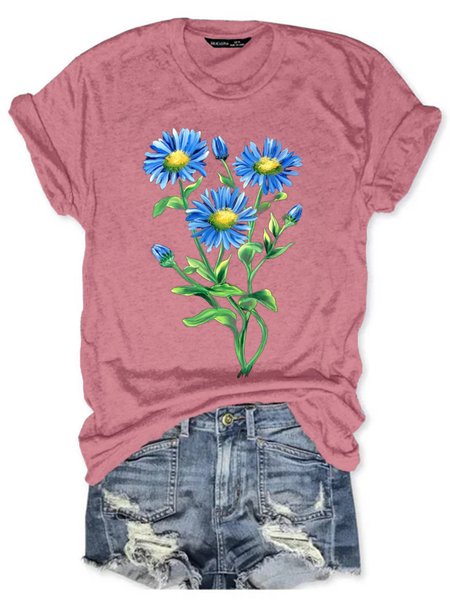 

Womens Fower Print Casual Short Sleeve T-Shirt, Pink, T-shirts