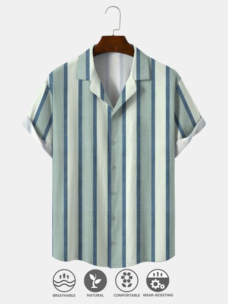 

Cotton Linen Striped Casual Short Sleeve Shirt, As picture, Men's Floral shirt