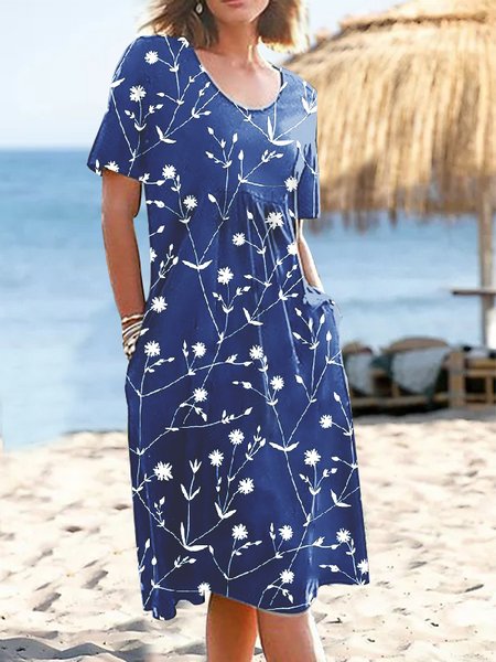 

Casual Floral Design Short Sleeve Crew Neck Dress, Blue, Dresses