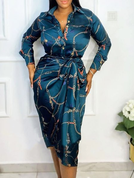 

Printed Shirt Collar Regular Fit Dresses, Blue, Midi Dresses