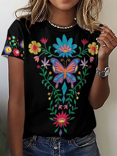 

Womens flower print Casual Short Sleeve T-Shirt, As picture, T-shirts