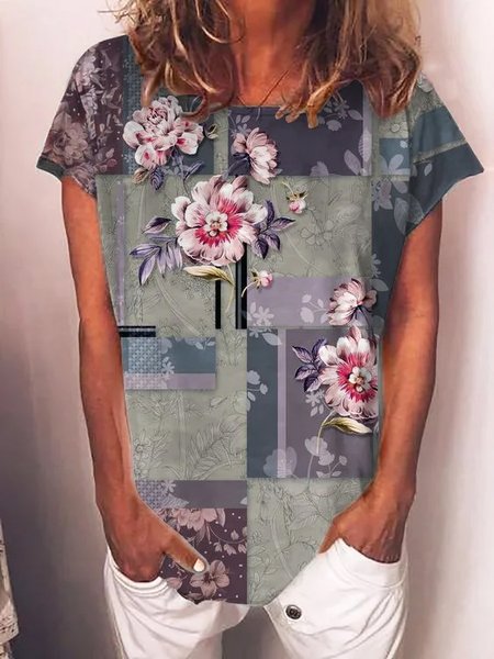 

Crew Neck Casual Cotton Blends Short Sleeve T-Shirt, Multicolor, Tops