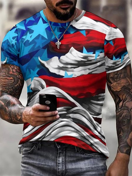 

Men‘s 3d Print American Flag Crew Neck Street Letter T-Shirt, Red, T-shirts