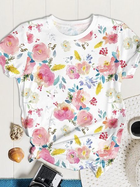 

Vacation Crew Neck Floral Loosen T-Shirt, Multicolor, Tees & T-shirts