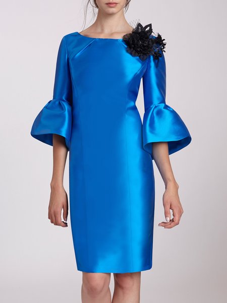 

Elegant Formal Solid Crew Neck Dress, Blue, Midi Dresses