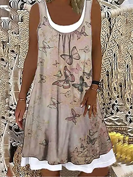 

Casual Vacation Butterfly U-neck Sleeveless Knee Dresses, Khaki, Mini Dresses