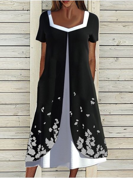 

Floral Printed Color Block Casual Dresses, Black-white, Dresses