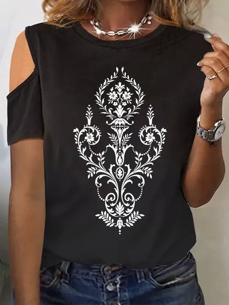 

Casual Hollow Out Tribal Printed T-Shirt, Black, T-Shirts