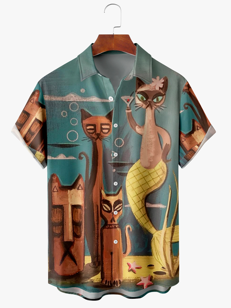 

Men's Cat Illustration Print Moisture Absorbent Breathable Fabric Fashion Hawaiian Lapel Short Sleeve Shirt, Green, Men's Floral shirt