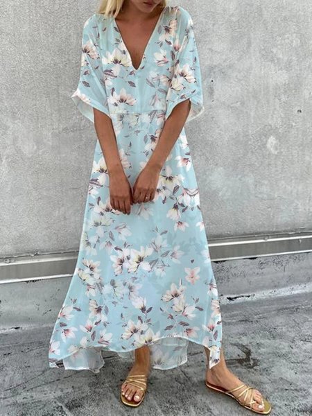 

Loosen Floral V Neck Dresses, Blue, Maxi Dresses