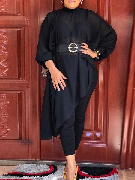 

Solid Casual Stand Collar Tops, Black, Tops