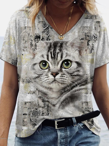 

Cute Print V-neck Loose T-shirt, Gray, T-Shirts