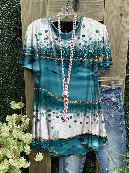 

Casual Abstract Print Short Sleeve Loose T-Shirt, Green, T-Shirts