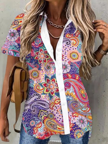 

Paisley Regular Fit Lapel Casual Vacation Short sleeve Blouse, Multicolor, Shirts & Blouses