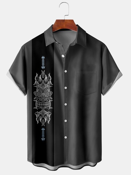 

Resort-Style Hawaiian Striped Geometric TIKI Element Pattern Lapel Short-Sleeved Shirt Print Top, Deep gray, Men's Floral shirt
