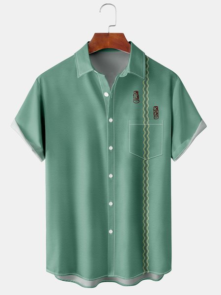 

Casual Music Collection Geometric Stripes TIKI Element Pattern Lapel Short Sleeve Shirt Print Top, Green, Men's Floral shirt