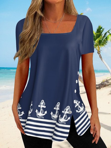 

Women Ocean Anchor Stripe Irregular Hem Button Tunic T-shirt, Blue, T-Shirts