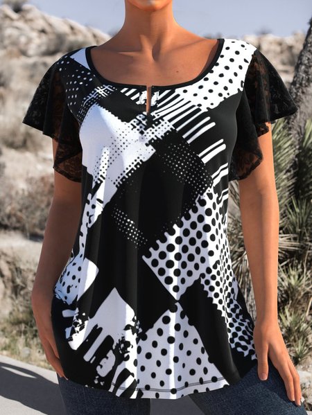 

Contrast Geometric Lace Sleeve Short Sleeve Top, Black, Shirts & Blouses