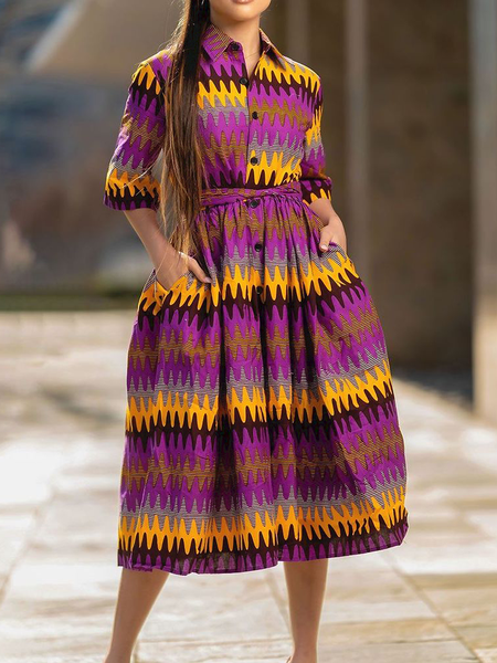 

Summer Lightweight Elegant Short sleeve Geometric Fit and FlareX Dresses, Fuchsia, Midi Dresses