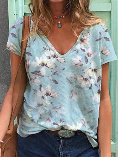 

Floral Casual V Neck Loosen T-Shirt, Blue, T-Shirts