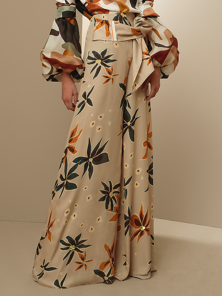 

Summer Lightweight Zipper fly High Waist Floral Pants, Apricot, Wide Leg Pants