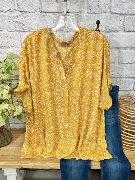 

Loosen Floral Printed Casual Vacation Frill Sleeve V Neck Blouse, Yellow, Shirts & Blouses