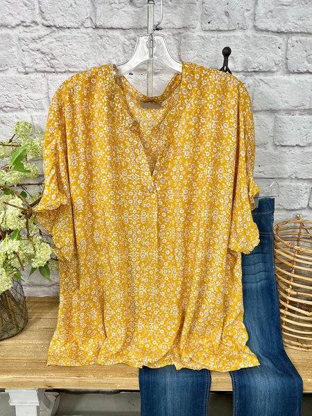 

Loosen Floral Printed Casual Vacation Frill Sleeve V Neck Blouse, Yellow, Blouses & Shirts