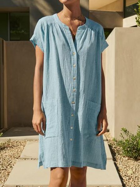 

Casual Buttoned Pockets Plain Dresses, Blue, Dresses
