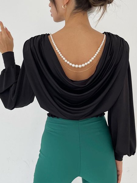 

Elegant Solid Backless Beaded Strap Top, Black, Tops