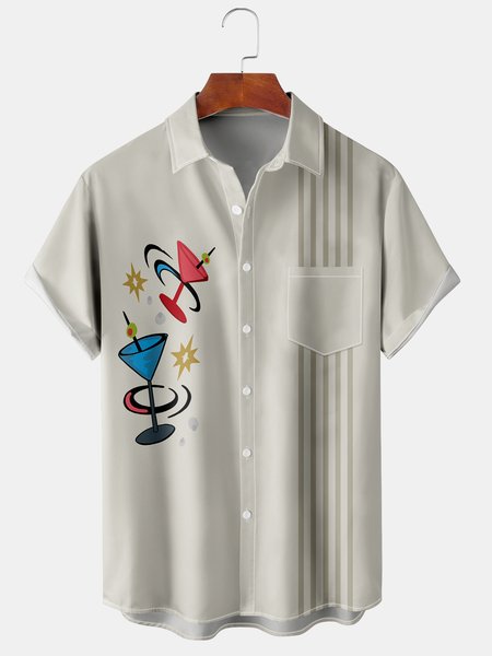 

Resort-Style Hawaiian Drink Cocktail Stripe Geometric Pattern Lapel Short-Sleeved Shirt Print Top, Creme light, Men's Floral shirt
