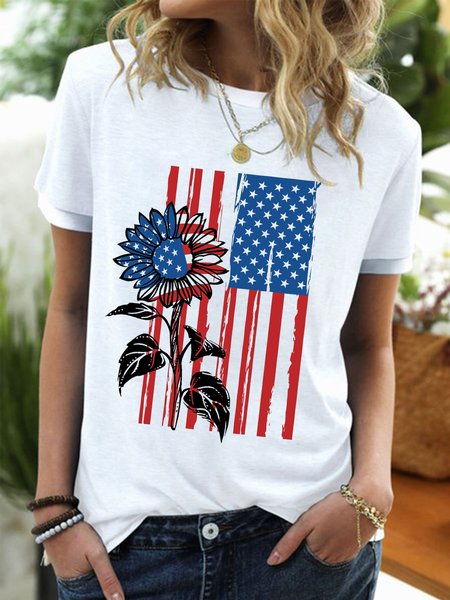 

Sunflower American Flag Painted Crew Neck T-Shirt, White, T-shirts