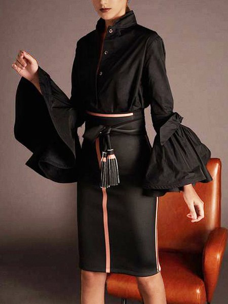 

Elegant Solid Stand Collar Solid Regular Fit Blouse, Black, Blouses and Shirts