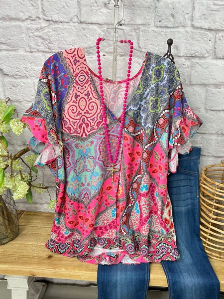 

Loose Tribal Printed Casual Vacation V Neck Tops, Multicolor, Shirts & Blouses