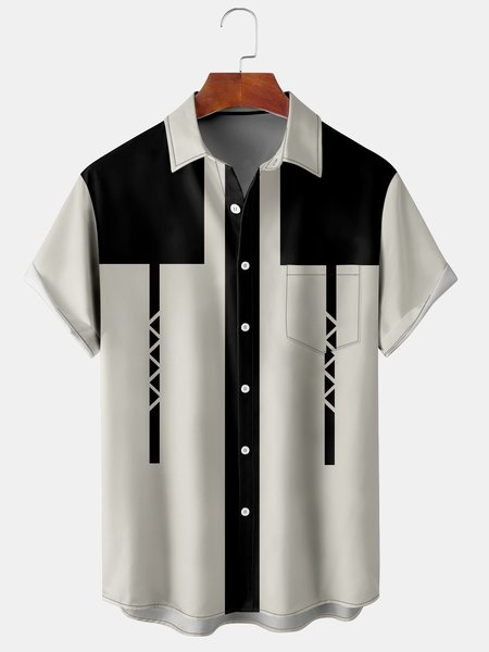 

Casual Art Collection Geometric Stripes Color Block Pattern Lapel Short Sleeve Shirt Print Top, Creme light, Men's Floral shirt