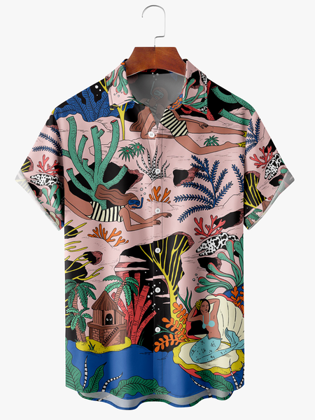 

Men's Marine Element Print Moisture Absorbent Breathable Fabric Fashion Hawaiian Lapel Short Sleeve Shirt, Blue, Men's Floral shirt