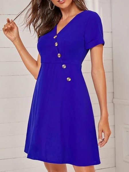 

Plain no pattern button x elastic short Dress Plus Size, Blue, Dresses