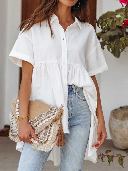 

White Casual Loose Tuxedo Short Sleeve Shirt, Shirts & Blouses
