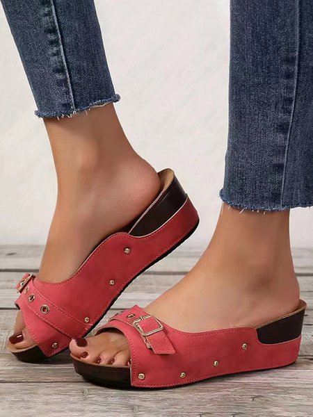 

Buckle Beaded Vintage Platform Wedge Slides, Red, Flats