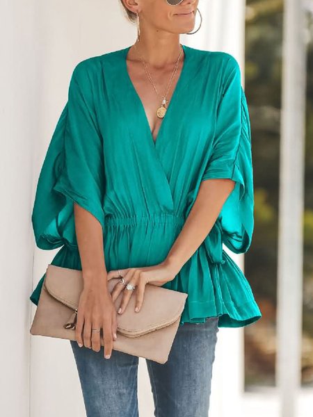 

V Neck Loosen Plain Simple Daily Top, Green, Tops