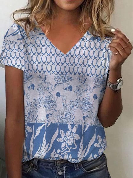 

Casual Floral Printed Short sleeve V-neck T-Shirt, Gray, T-Shirts