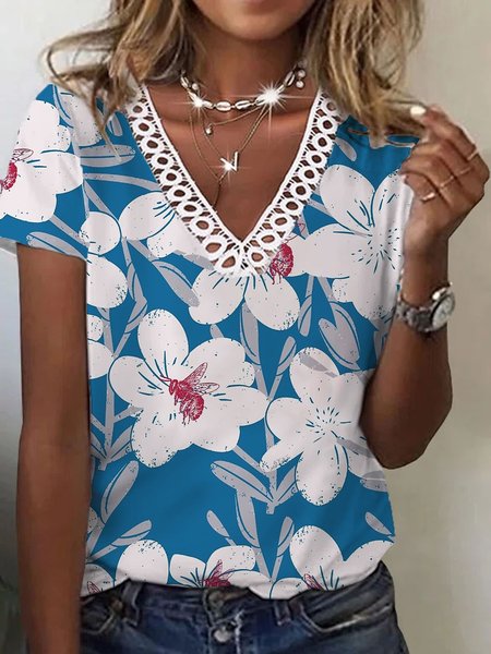 

Casual Floral Printed V Neck Short Sleeve Summer T-Shirt, Blue, T-Shirts