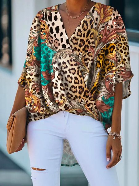 

Elegant Leopard Printed V Neck Half Sleeve Top, Multicolor, Tops