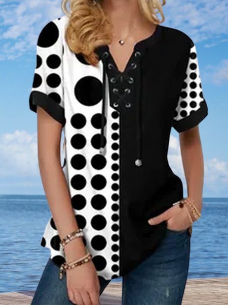 

Loosen Polka Dots V Neck Blouse, Black, Shirts & Blouses