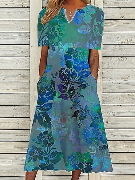 

V Neck Loosen Casual Floral Dresses, Multicolor, Dresses