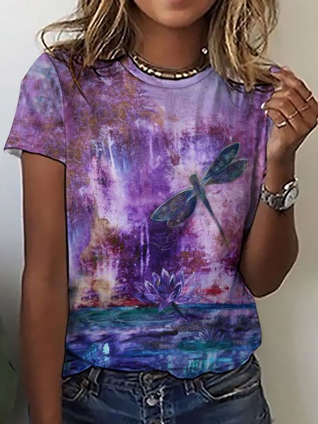 

Casual Abstract Dragonfly Lotus Print Crew Neck T-Shirt, As picture, T-shirts