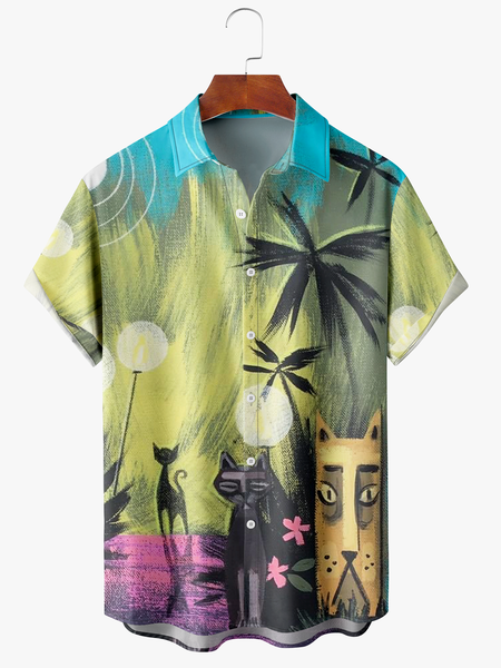 

Men's Cat Illustration Print Moisture Absorbent Breathable Fabric Fashion Hawaiian Lapel Short Sleeve Shirt, Green, Men's Floral shirt