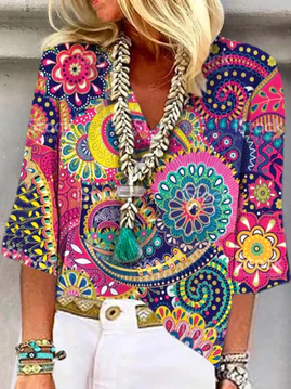 

V Neck Vacation Floral Tops, Multicolor, Shirts & Blouses