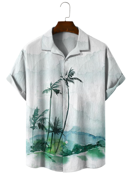 

Cotton Linen Style American Botanical Floral Coconut Tree Print Linen Shirt, As picture, Men's Floral shirt